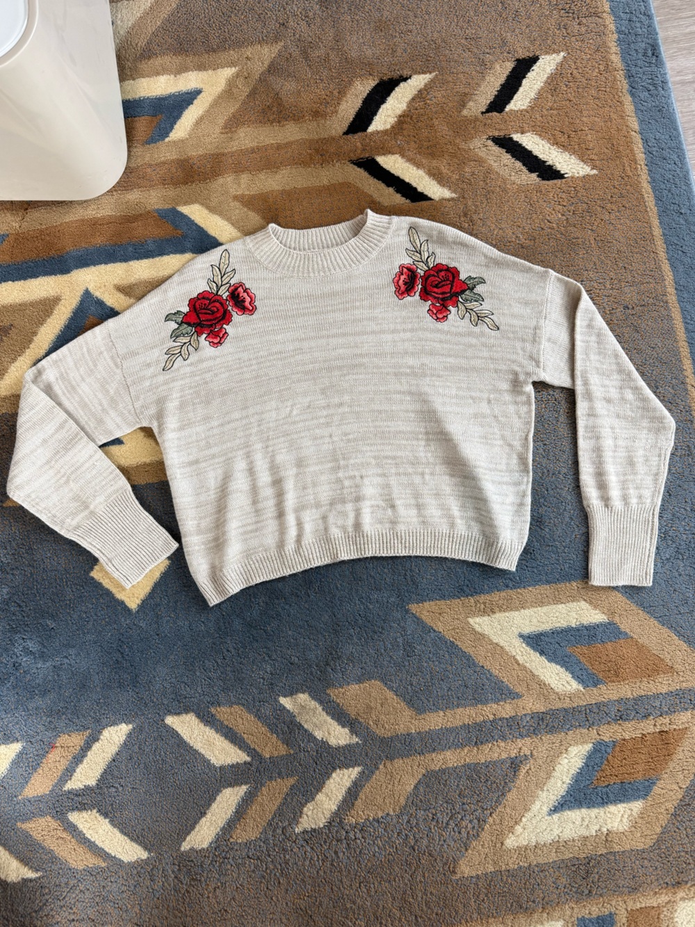 Cream Crewneck Sweater with Red Rose Embroidery